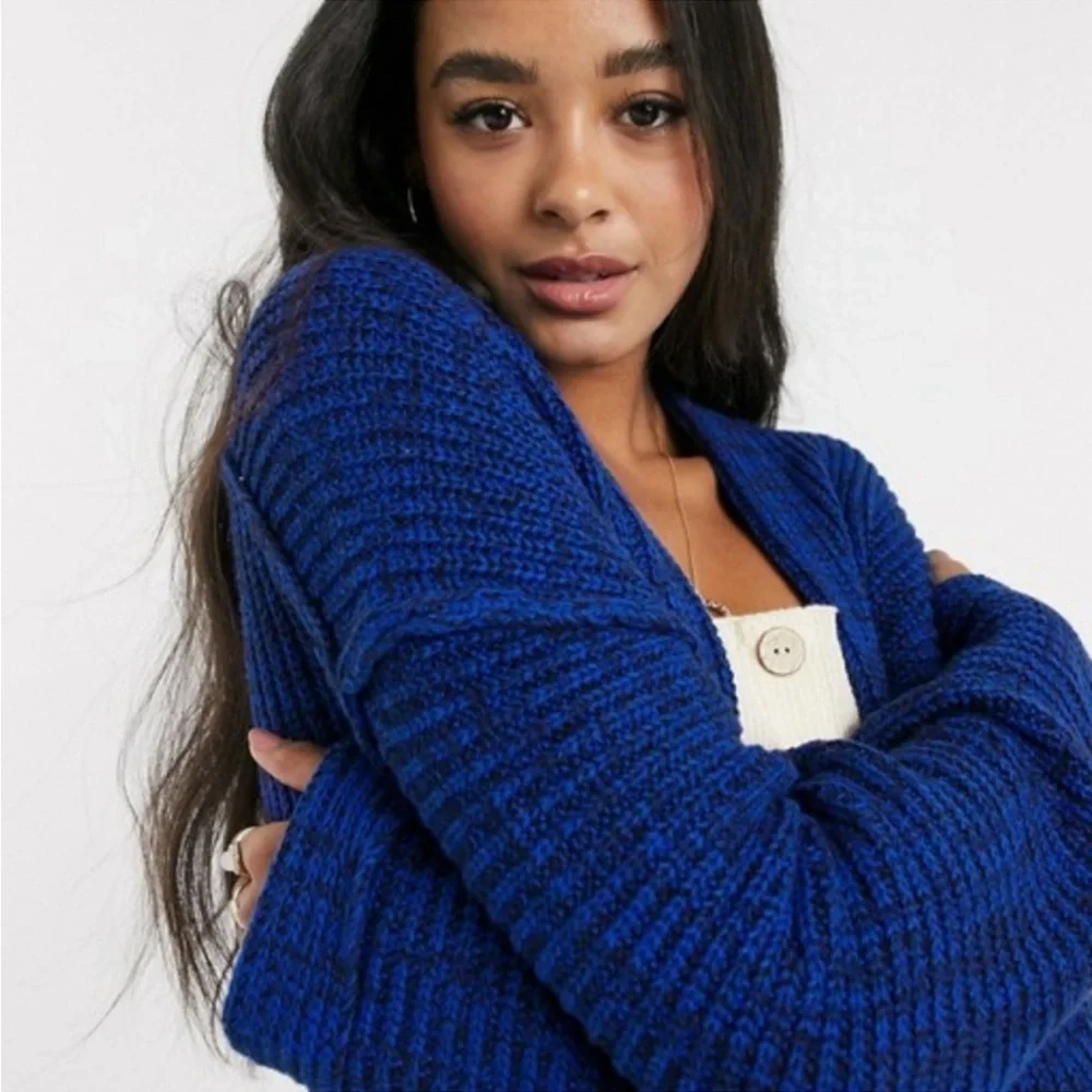 Free People High Hopes Oversized Cardigan Blue Chunky Open Front Size XS